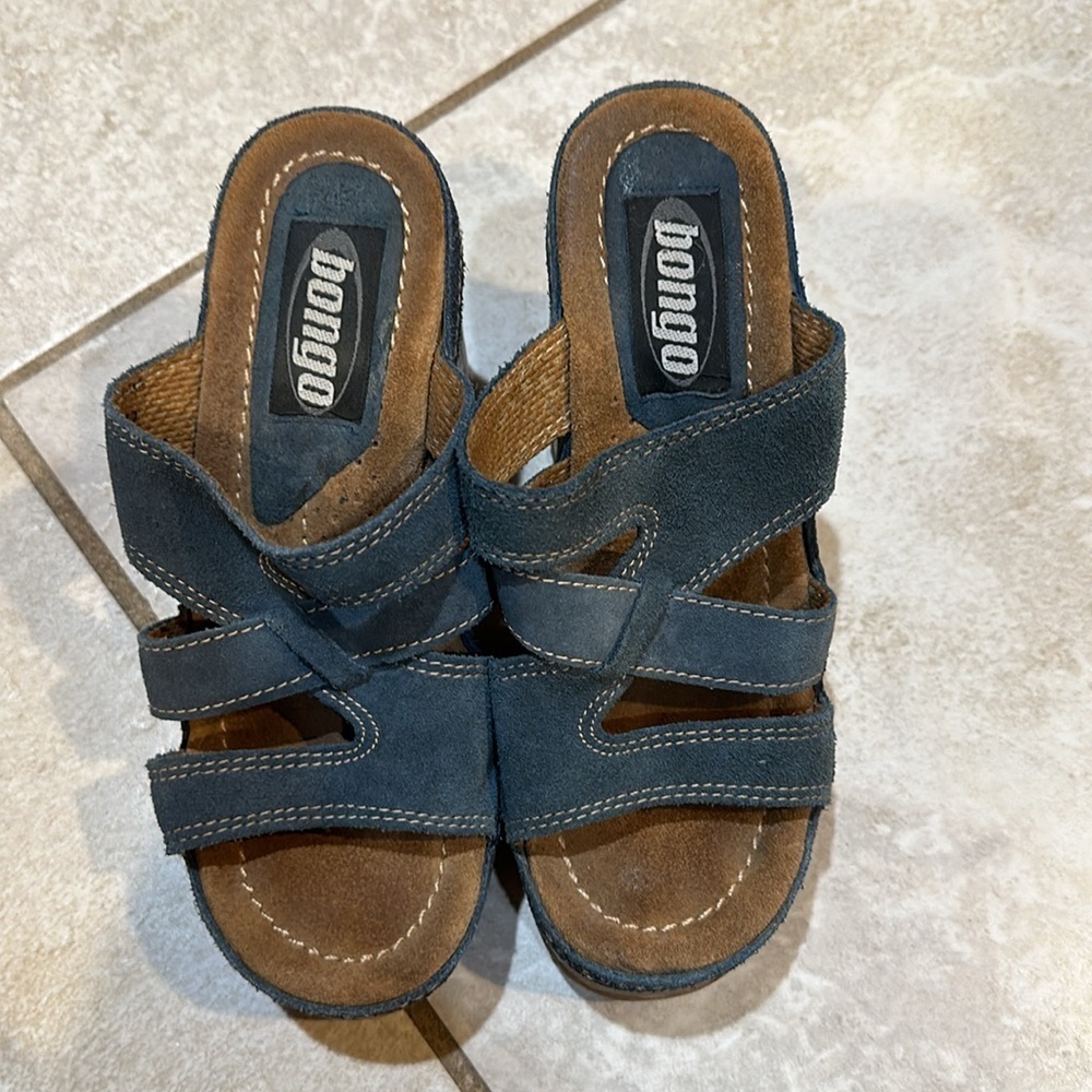 Vintage Y2K Bongo Blue Suede Platform Wood Heeled Sandals 6 Miles - Picture 2 of 8